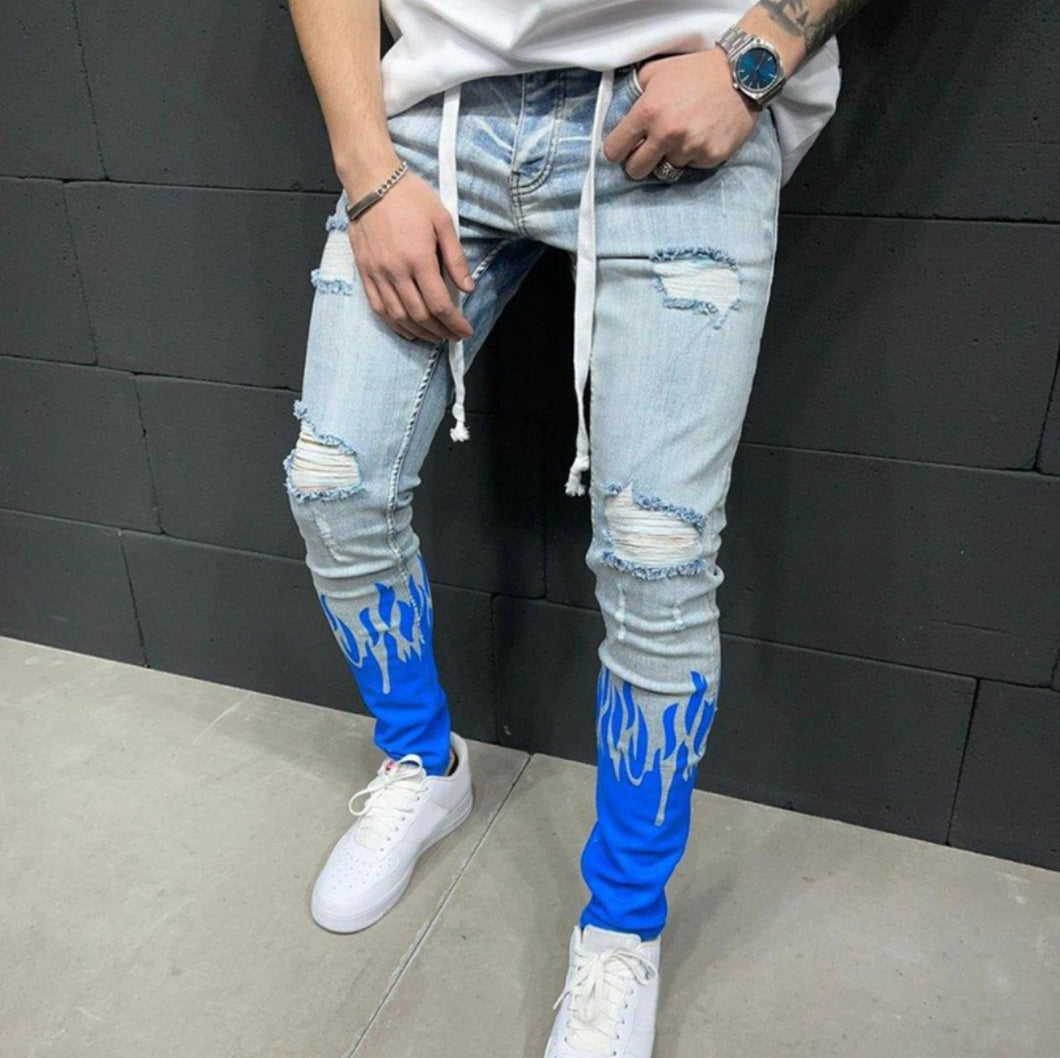 Flame Print Ripped Skinny Jeans