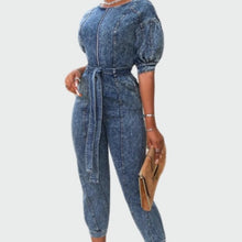 Load image into Gallery viewer, Short Sleeve Belted Denim Jumpsuit