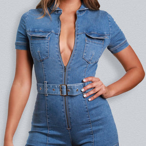 Sexy Stretch Zip Up Denim Jumpsuit