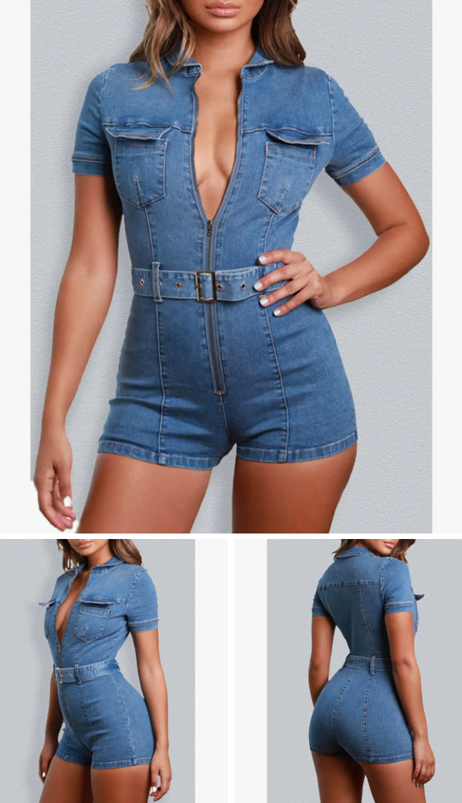 Sexy Stretch Zip Up Denim Jumpsuit